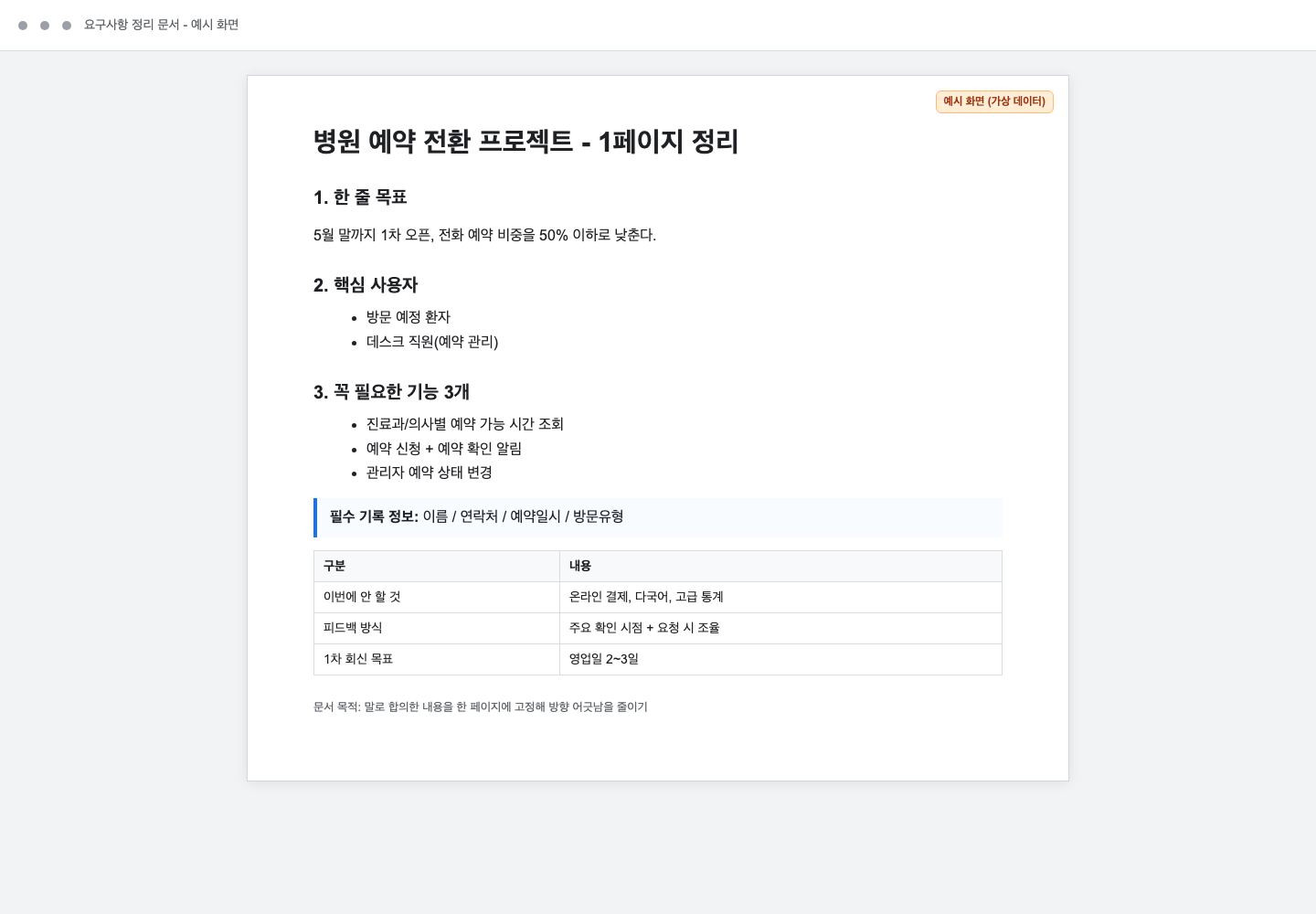 요구사항 1페이지 문서를 작성한 샘플 화면 예시(가상 데이터)